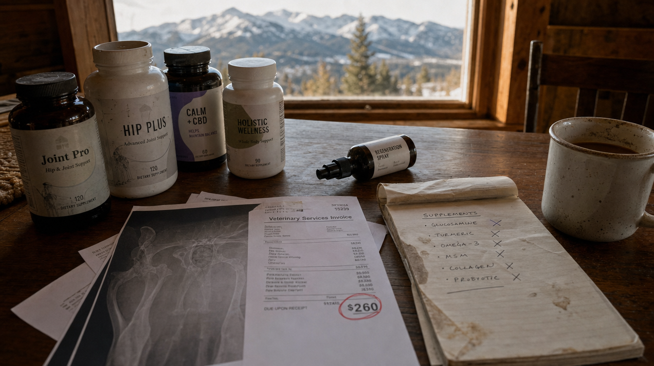 Supplement bottles, vet invoice, and crossed-out supplement list on a wooden table