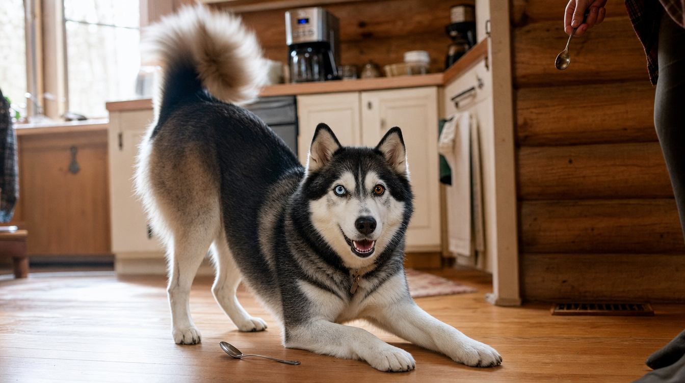 Luna play-bowing in the kitchen, happy and active
