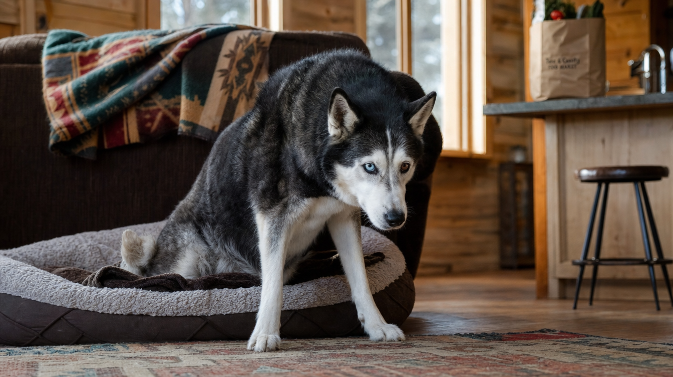 Luna resting on her dog bed in a cozy cabin